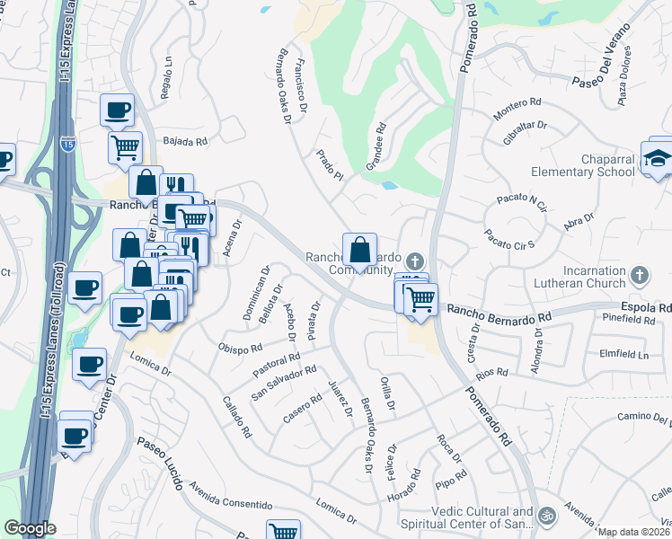 map of restaurants, bars, coffee shops, grocery stores, and more near 12226 Rancho Bernardo Road in San Diego