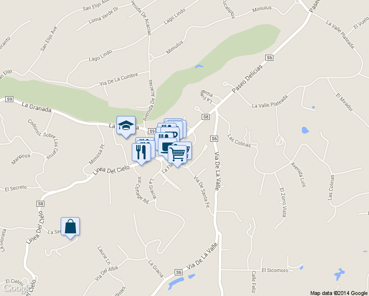 map of restaurants, bars, coffee shops, grocery stores, and more near 16909 Via De Santa Fe in Rancho Santa Fe