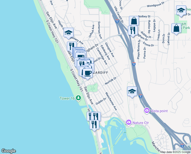 map of restaurants, bars, coffee shops, grocery stores, and more near 2265A Manchester Avenue in Encinitas