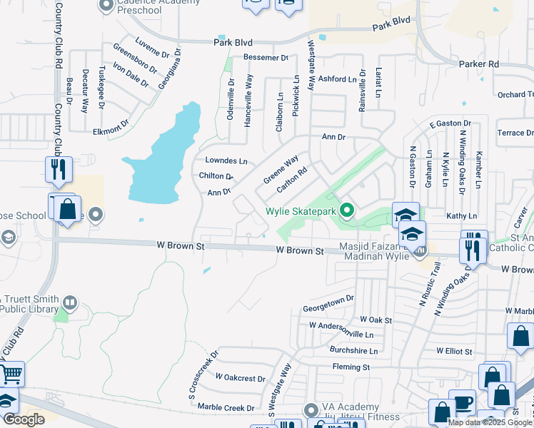 map of restaurants, bars, coffee shops, grocery stores, and more near 1315 West Brown Street in Wylie