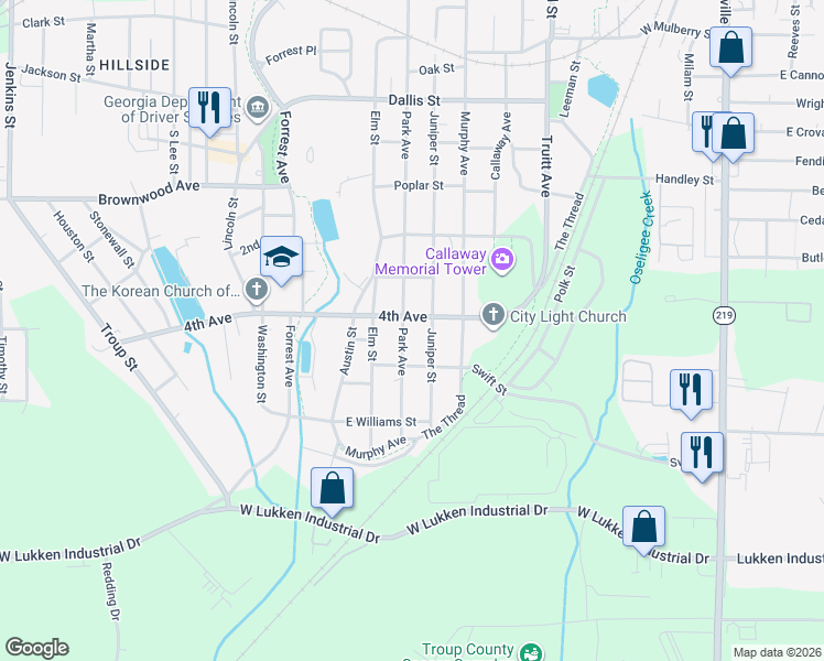 map of restaurants, bars, coffee shops, grocery stores, and more near 1309 Park Avenue in LaGrange