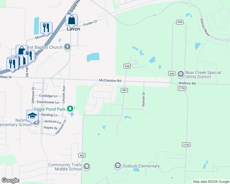 map of restaurants, bars, coffee shops, grocery stores, and more near 269 Hawthorn Drive in Lavon