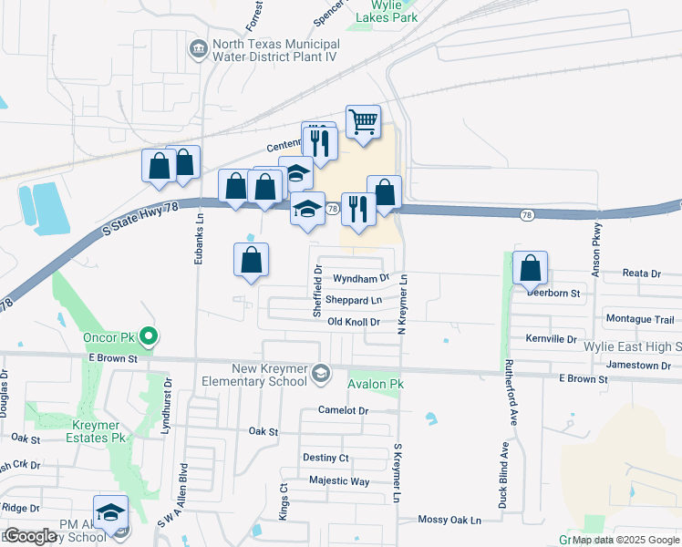 map of restaurants, bars, coffee shops, grocery stores, and more near 1209 Wyndham Drive in Wylie