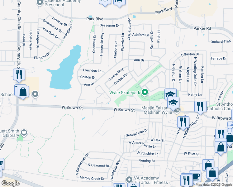 map of restaurants, bars, coffee shops, grocery stores, and more near 917 Chickesaw Lane in Wylie