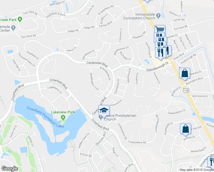 map of restaurants, bars, coffee shops, grocery stores, and more near 103 North Pembroke Drive in Goose Creek