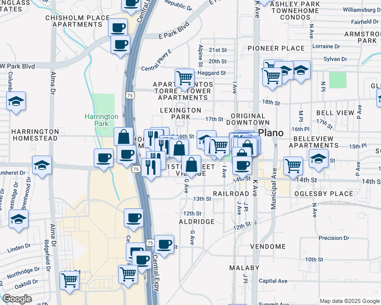 map of restaurants, bars, coffee shops, grocery stores, and more near 800 East 15th Street in Plano
