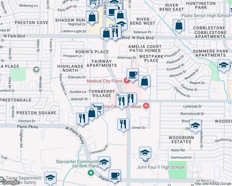 map of restaurants, bars, coffee shops, grocery stores, and more near 4001 West 15th Street in Plano