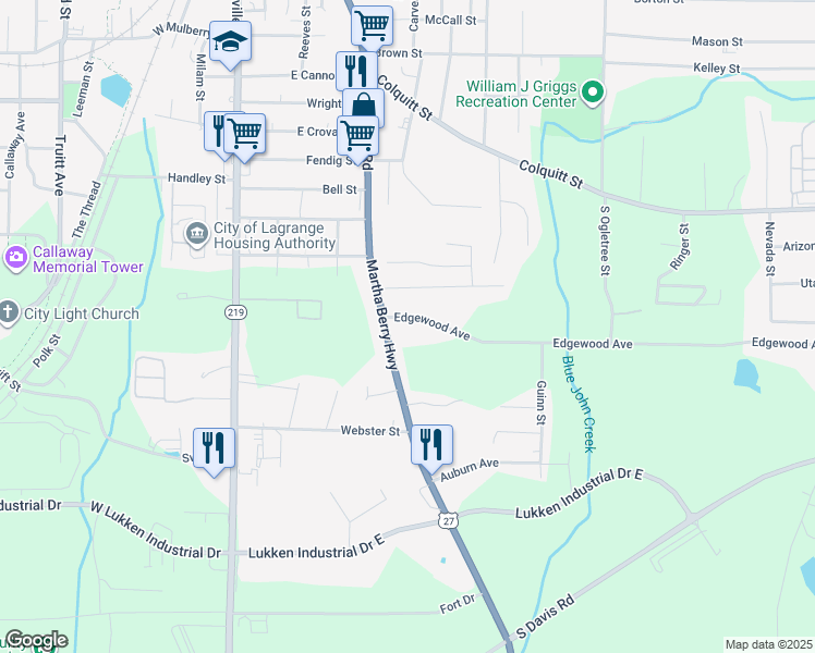 map of restaurants, bars, coffee shops, grocery stores, and more near 122 1/2 Edgewood Avenue in LaGrange