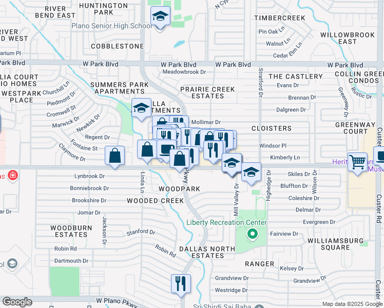map of restaurants, bars, coffee shops, grocery stores, and more near 1520 Independence Parkway in Plano