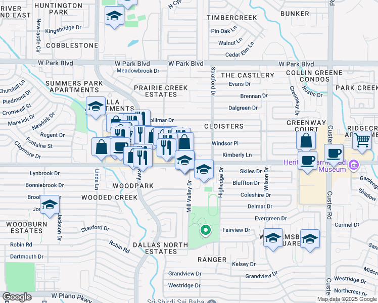 map of restaurants, bars, coffee shops, grocery stores, and more near 2637 Windsor Place in Plano