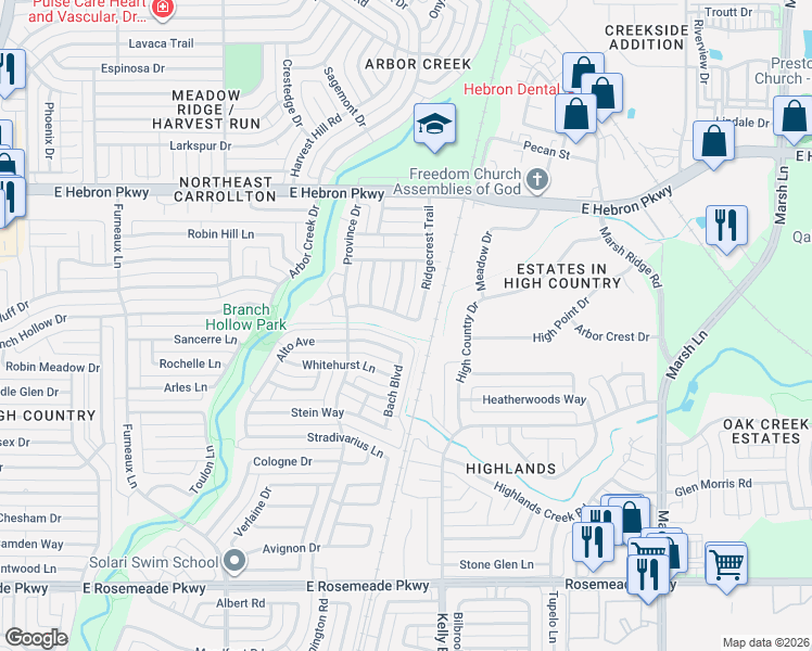 map of restaurants, bars, coffee shops, grocery stores, and more near 4005 Ridgecrest Trail in Carrollton