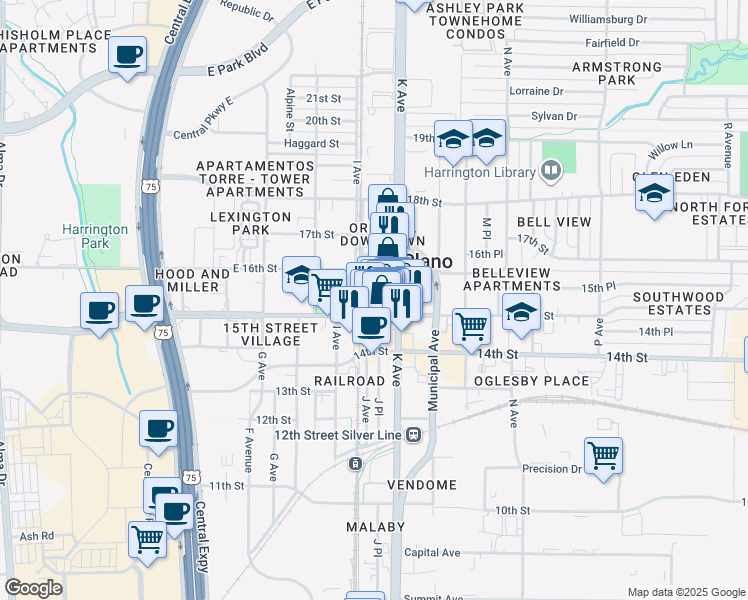 map of restaurants, bars, coffee shops, grocery stores, and more near 1020 15th Place in Plano