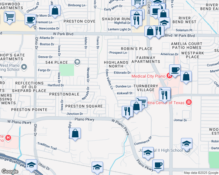 map of restaurants, bars, coffee shops, grocery stores, and more near 4212 Ambrosia Lane in Plano