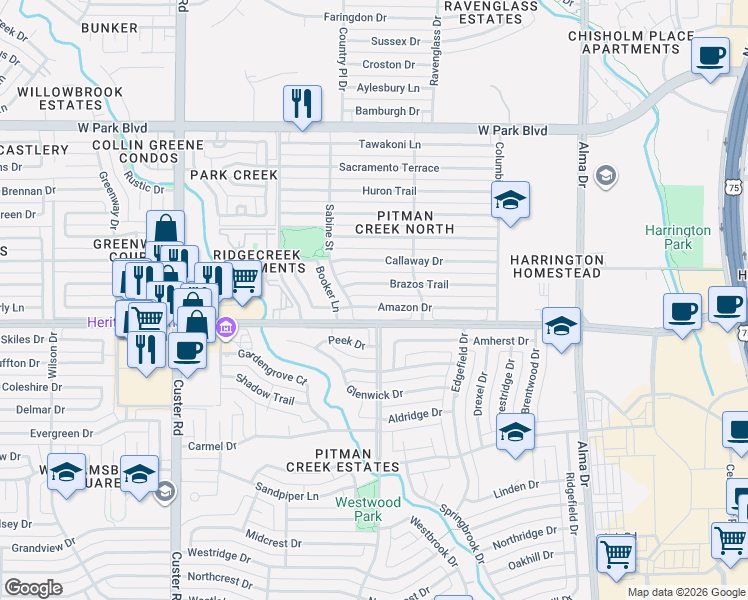 map of restaurants, bars, coffee shops, grocery stores, and more near 1713 Brazos Trail in Plano