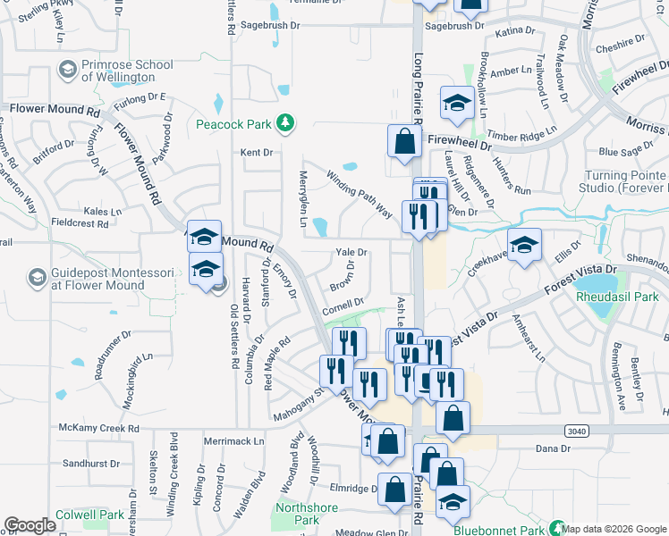 map of restaurants, bars, coffee shops, grocery stores, and more near 2924 Yale Drive in Lewisville