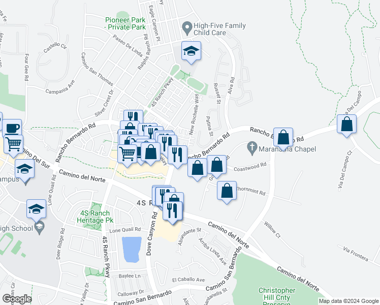 map of restaurants, bars, coffee shops, grocery stores, and more near 16903 New Rochelle Way in San Diego