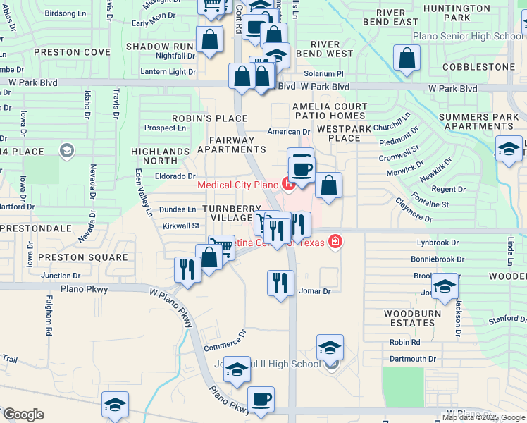 map of restaurants, bars, coffee shops, grocery stores, and more near in Plano