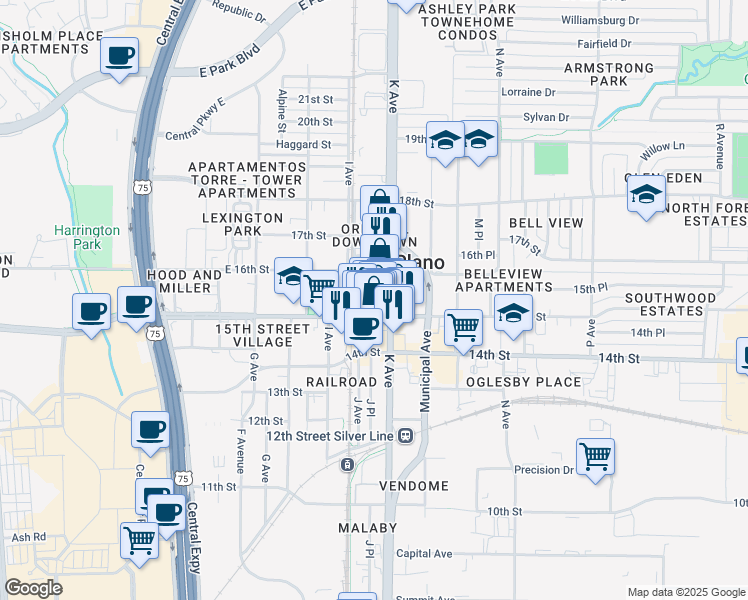 map of restaurants, bars, coffee shops, grocery stores, and more near 1053 15th Place in Plano