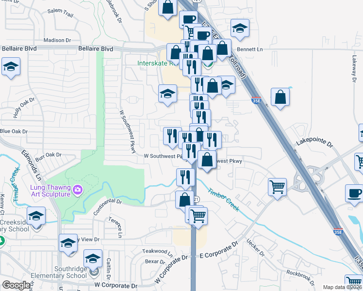 map of restaurants, bars, coffee shops, grocery stores, and more near 1679 Texas 121 in Lewisville