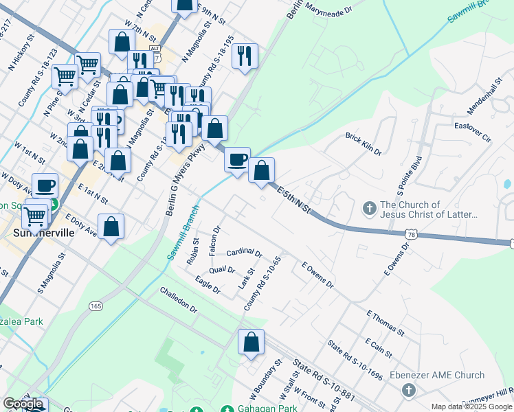 map of restaurants, bars, coffee shops, grocery stores, and more near 703 East 3rd North Street in Summerville