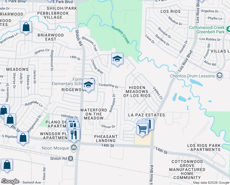 map of restaurants, bars, coffee shops, grocery stores, and more near 1613 Rockshire Drive in Plano