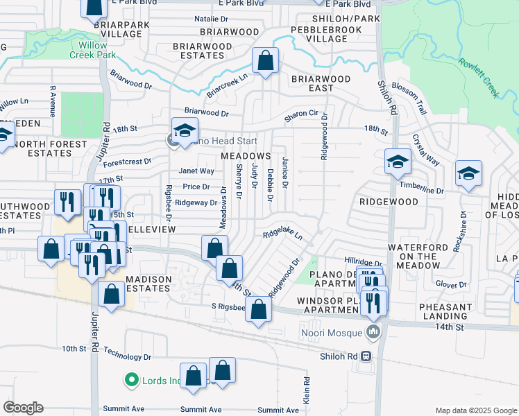 map of restaurants, bars, coffee shops, grocery stores, and more near 1517 Debbie Drive in Plano