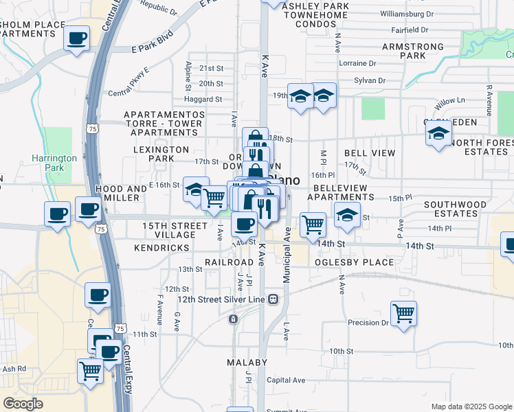 map of restaurants, bars, coffee shops, grocery stores, and more near in Plano