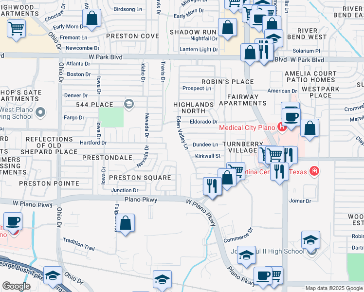 map of restaurants, bars, coffee shops, grocery stores, and more near 4212 Ambrosia Lane in Plano