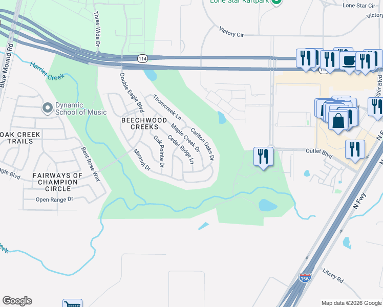 map of restaurants, bars, coffee shops, grocery stores, and more near 2933 Maple Creek Drive in Fort Worth