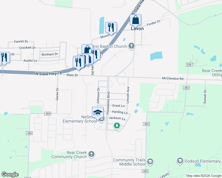 map of restaurants, bars, coffee shops, grocery stores, and more near 538 Arthur Drive in Lavon
