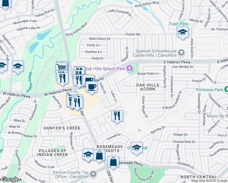 map of restaurants, bars, coffee shops, grocery stores, and more near 3942 Luke Lane in Carrollton