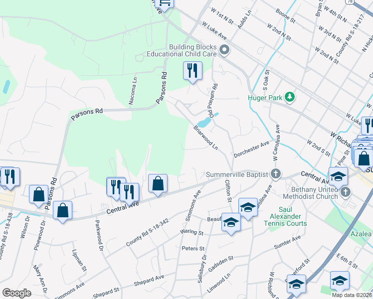 map of restaurants, bars, coffee shops, grocery stores, and more near 104 Willis Lane in Summerville