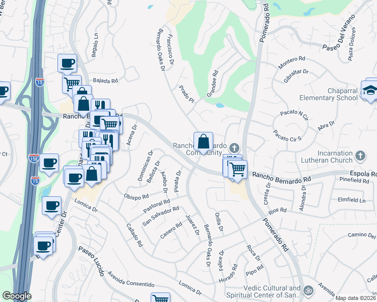 map of restaurants, bars, coffee shops, grocery stores, and more near 12255 Frontera Road in San Diego