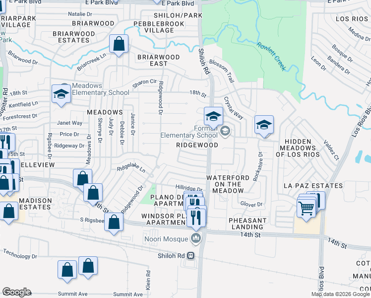 map of restaurants, bars, coffee shops, grocery stores, and more near 3505 Birchwood Lane in Plano