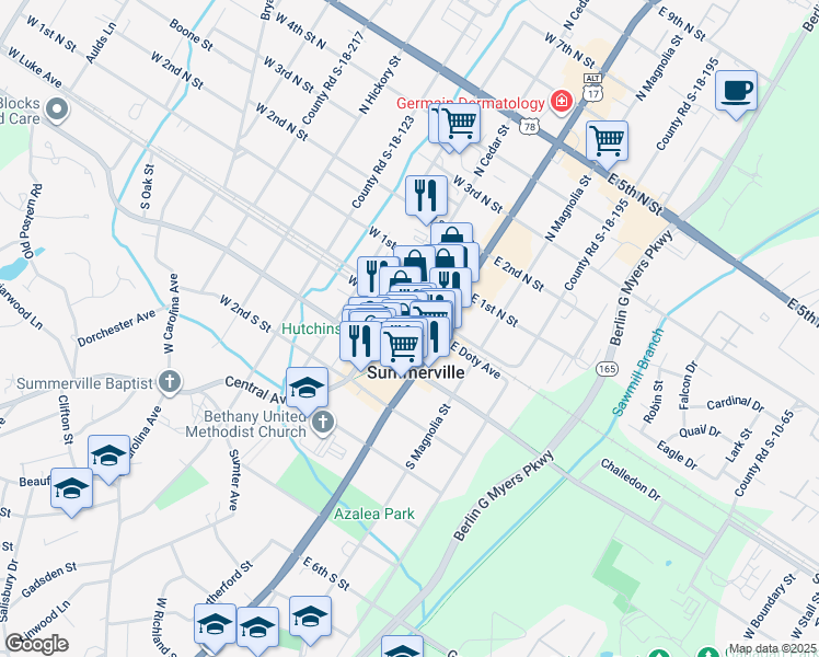map of restaurants, bars, coffee shops, grocery stores, and more near 102a South Cedar Street in Summerville