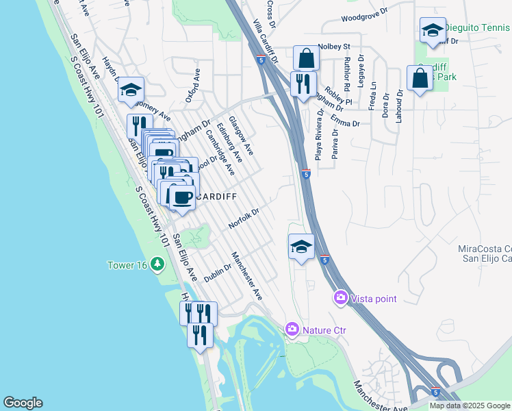 map of restaurants, bars, coffee shops, grocery stores, and more near 2281 Cambridge Avenue in Encinitas