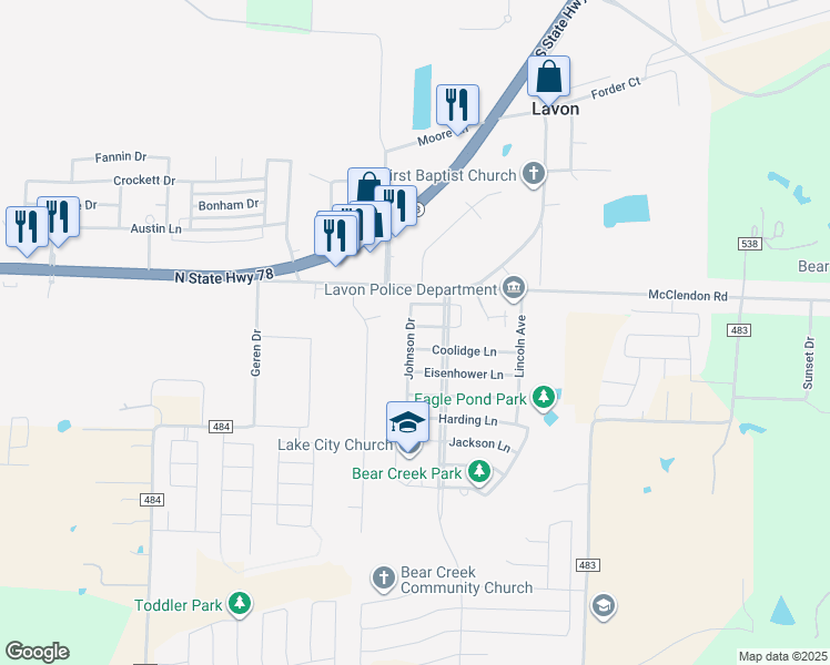 map of restaurants, bars, coffee shops, grocery stores, and more near 542 Cleveland Drive in Lavon