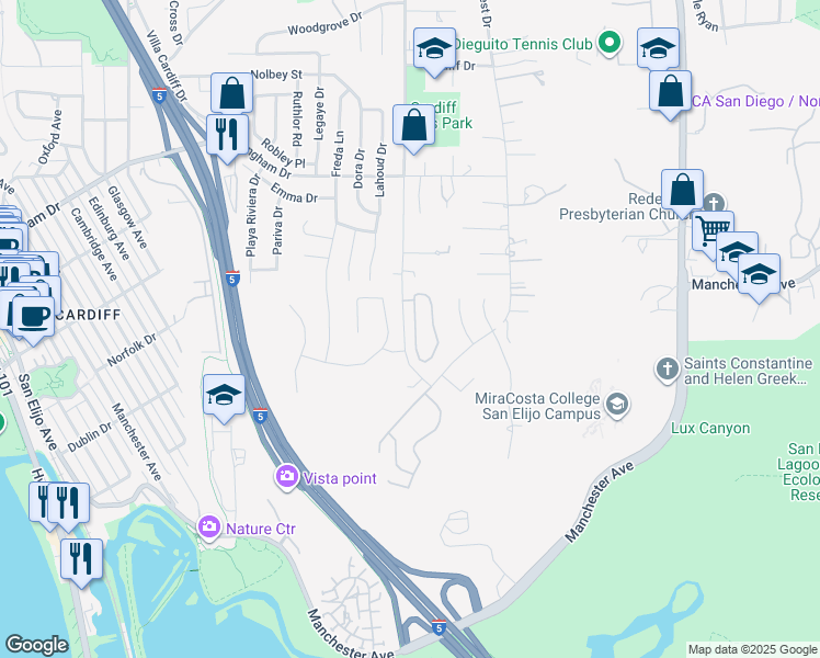 map of restaurants, bars, coffee shops, grocery stores, and more near 2058 Sea Village Circle in Encinitas