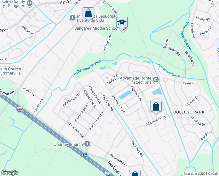 map of restaurants, bars, coffee shops, grocery stores, and more near 4022 Broken Arrow Drive in Ladson