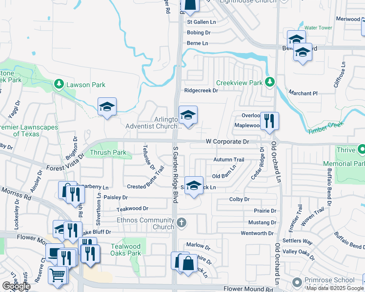 map of restaurants, bars, coffee shops, grocery stores, and more near 2550 South Garden Ridge Boulevard in Flower Mound