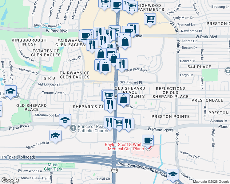 map of restaurants, bars, coffee shops, grocery stores, and more near 1527 Preston Road in Plano