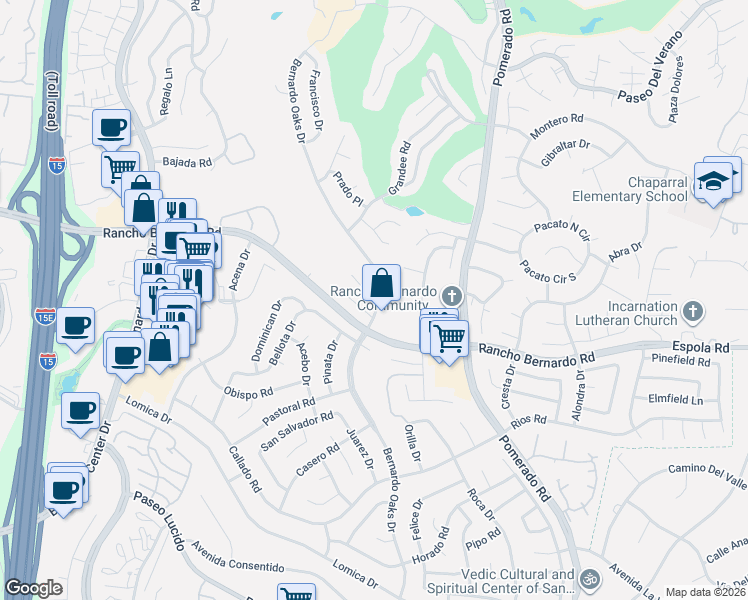 map of restaurants, bars, coffee shops, grocery stores, and more near 17005 Bernardo Oaks Drive in San Diego