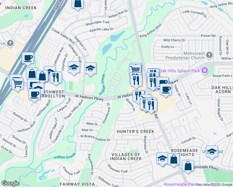 map of restaurants, bars, coffee shops, grocery stores, and more near 4124 Creekhollow Drive in Carrollton