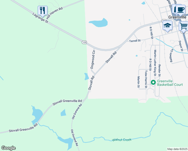 map of restaurants, bars, coffee shops, grocery stores, and more near Stovall Road in Greenville