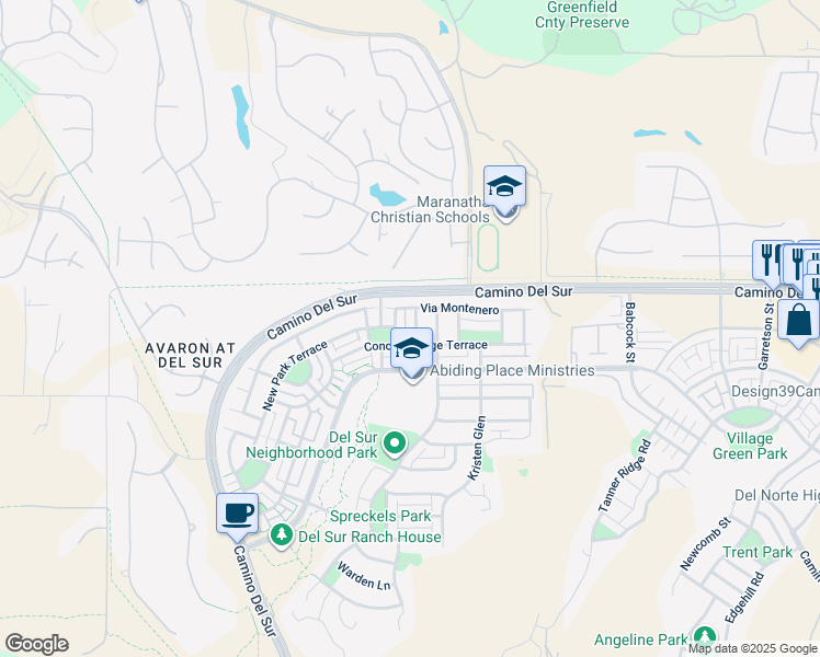 map of restaurants, bars, coffee shops, grocery stores, and more near 16048 Newton Hill in San Diego