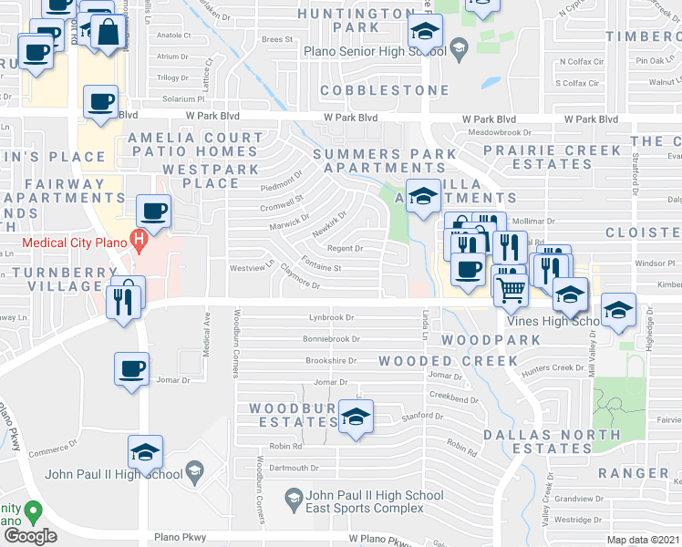 map of restaurants, bars, coffee shops, grocery stores, and more near 3328 Fontaine Street in Plano