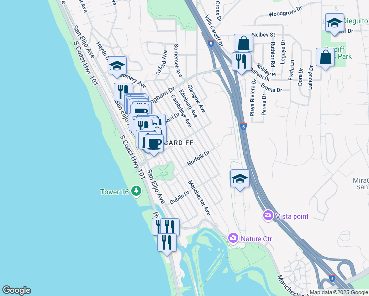 map of restaurants, bars, coffee shops, grocery stores, and more near in Encinitas