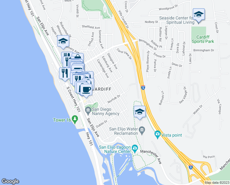 map of restaurants, bars, coffee shops, grocery stores, and more near 2262 Cambridge Avenue in Encinitas