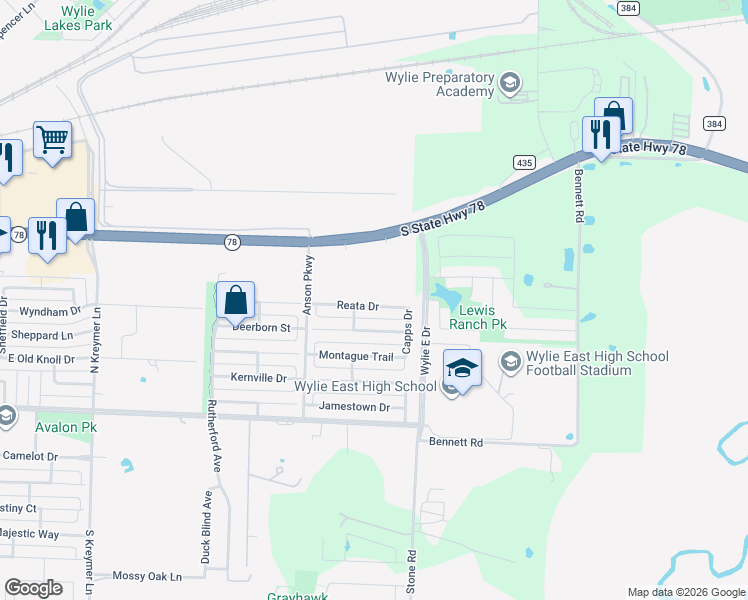 map of restaurants, bars, coffee shops, grocery stores, and more near 2927 Reata Drive in Wylie