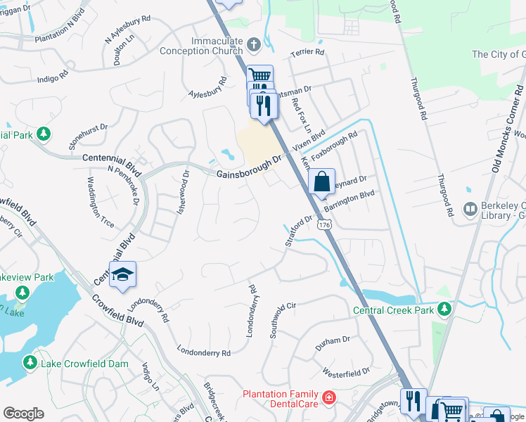 map of restaurants, bars, coffee shops, grocery stores, and more near 119 Fairhaven Drive in Goose Creek